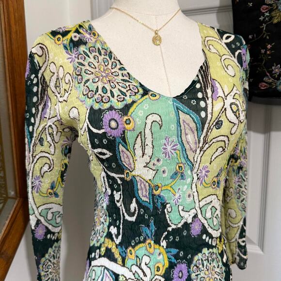 VTG 90s/Y2K Alberto Makali Green Multicolor Crinkle Sequin Whimsy 3/4 Sleeve Top - Picture 2 of 8